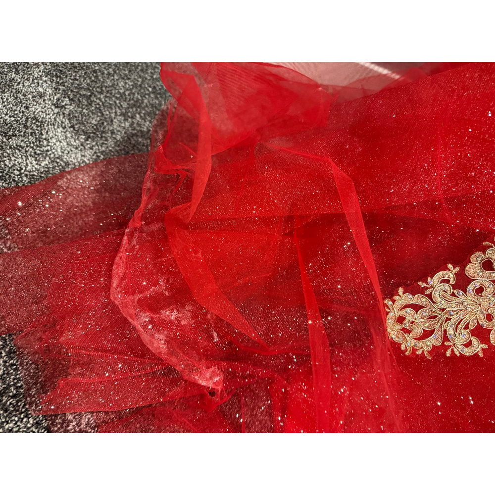 Chicas Red & Gold Ball Gown Dress | Size Large | Off-Shoulder Glitter Tulle - Picture 9 of 16